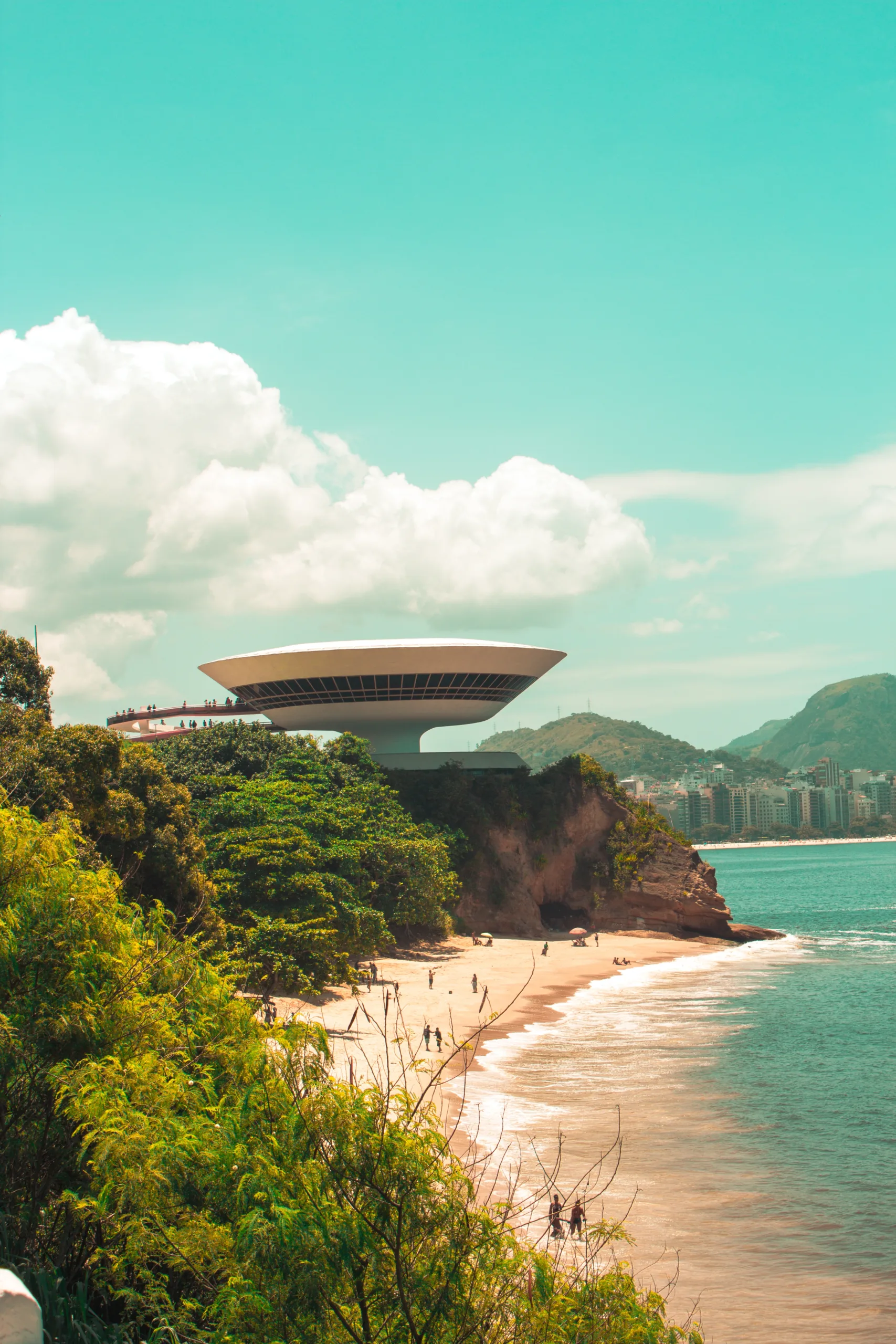 A vertical shot of the Niteroi Contemporary Art Museum in Brazil